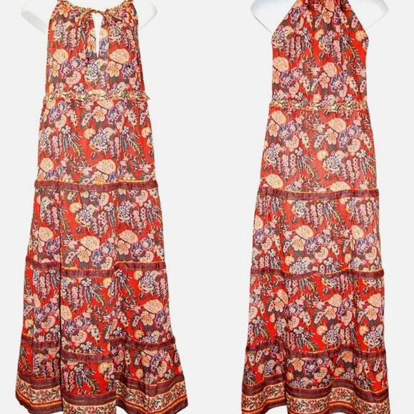 HOUSE OF HARLOW 1960 Womens‎ Floral Cotton Gauze Tiered Maxi Dress Rust Medium